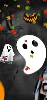 Spooky Halloween wallpaper with ghosts, pumpkins, and autumn leaves.