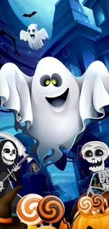 Spooky cartoon Halloween scene with ghosts and skeletons.