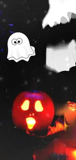 Halloween wallpaper with glowing pumpkin and cartoon ghosts.