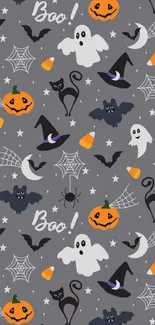 Spooky Halloween themed mobile wallpaper with ghosts, bats, and pumpkins.