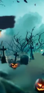 Spooky Halloween graveyard with pumpkins and teal sky, perfect for mobile wallpaper.