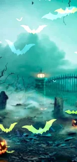 Spooky Halloween wallpaper with bats over a misty graveyard.