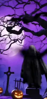 Spooky graveyard with pumpkins and purple hue on Halloween night.