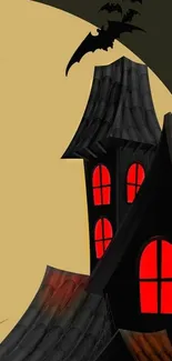 Spooky wallpaper with haunted house and bat silhouette.