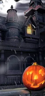 Halloween scene with haunted house and glowing pumpkin.