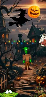 Illustration of a spooky Halloween scene with a haunted house.