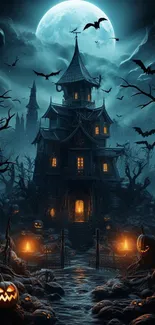 Haunted house with bats and pumpkins under a full moon on Halloween night.