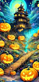 Colorful Halloween scene with pumpkins and haunted house.