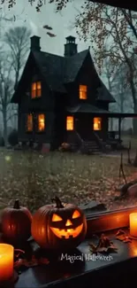 Haunting Halloween house with pumpkins and candles dominating the scene.