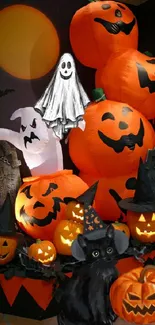 A spooky Halloween scene with pumpkins, a ghost, and a black cat.