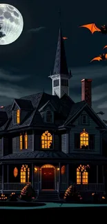 Spooky mansion under full moon with bats.