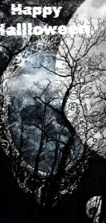 Spooky Halloween wallpaper with eerie forest and mirror design.