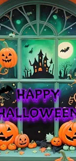 Halloween wallpaper with pumpkins and haunted house.