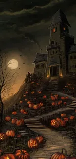 Spooky Halloween wallpaper with haunted house and pumpkins.