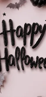Happy Halloween text with bats on pink backdrop.