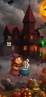 Whimsical Halloween scene with haunted house and pumpkins.