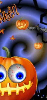 Halloween wallpaper with pumpkins and skeletons on a dark blue background.