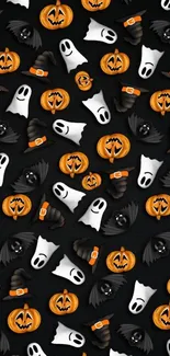 Spooky mobile wallpaper with ghosts, pumpkins, and bats on a black background.