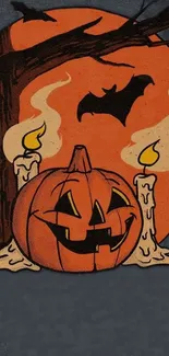 Halloween wallpaper with pumpkin, candles, bat, and orange moon.