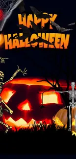 Spooky Halloween wallpaper with jack-o'-lanterns, skeletons, and bats.