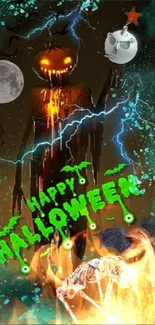 Eerie Halloween wallpaper with pumpkin and skeleton scene.