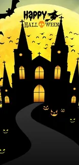 Spooky Halloween wallpaper with haunted castle and glowing pumpkins.