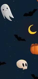 Halloween wallpaper with ghosts, bats, pumpkins, and a crescent moon on dark background.