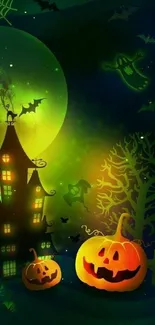 Haunted house and pumpkins in a spooky Halloween scene.