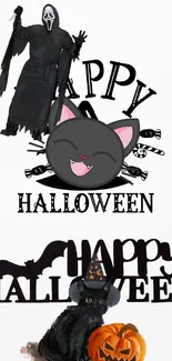 Halloween wallpaper with ghost, cats, and pumpkins in spooky theme.