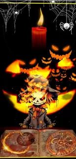 Halloween wallpaper with scarecrow and glowing pumpkins.