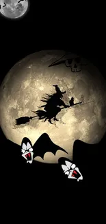 A witch flies across a full moon with bats and a skull under a starry Halloween night.