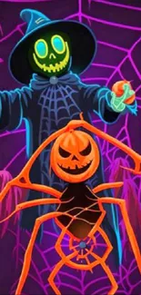 Neon Halloween wallpaper with a spooky pumpkin and spider design.