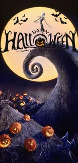 Jack Skellington stands atop a hill in a Halloween-themed night scene.