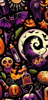 Colorful Halloween art featuring spooky elements.