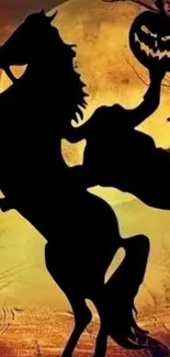 Silhouette of a headless horseman holding a pumpkin against a full moon background.