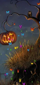 Halloween wallpaper with a jack-o'-lantern on a tree and an owl under a night sky.