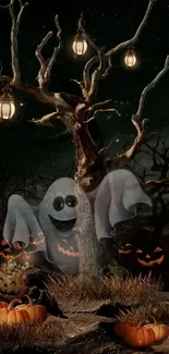 Halloween wallpaper with ghost and glowing pumpkins under a mystical tree.