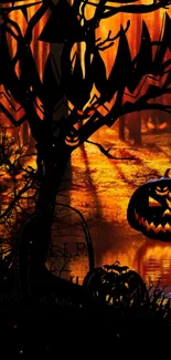 Spooky Halloween scene with pumpkins by a haunting forest.