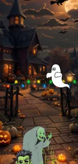 Spooky Halloween scene with haunted house, ghosts, and pumpkins.
