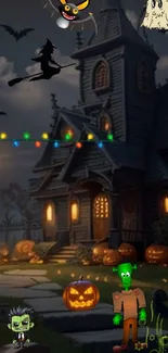 Spooky haunted house with ghosts, witch, and pumpkins on Halloween.