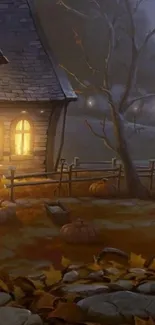 Spooky Halloween night scene with haunted house and pumpkins.