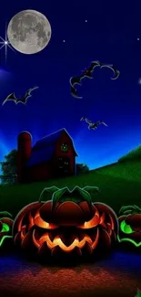 Illustration of a spooky Halloween night with pumpkins and bats under a full moon.