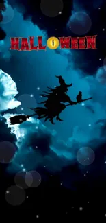 Witch silhouette flying against a spooky dark blue clouded sky.