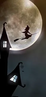 Witch flying over spooky house with full moon backdrop.