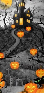 Eerie Halloween wallpaper with haunted house and pumpkins.