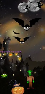 Spooky Halloween night wallpaper with castle and bats.