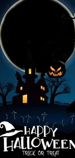 Spooky Halloween night wallpaper with haunted house and full moon.