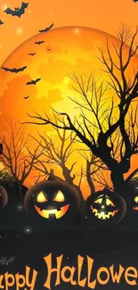 Halloween wallpaper with orange moon and spooky elements.