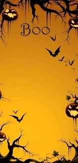 Spooky Halloween wallpaper with pumpkins and bats on an orange background.