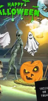 Spooky Halloween scene with ghost, pumpkin, and reaper.